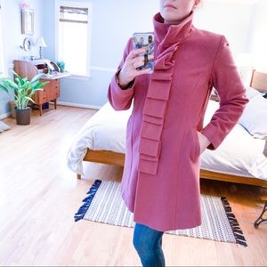 Garnet Hill mauve wool coat with ruffle detail